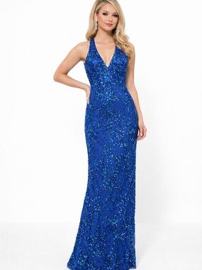 Adrianna Papell Royal Blue Sequin Floral Mermaid Gown - Halter Neck